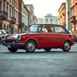 A classic Sudan vehicle featuring a unique combination of a Datsun and a Porsche, designed with a distinct boxy look