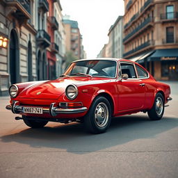 A classic Sudan vehicle featuring a unique combination of a Datsun and a Porsche, designed with a distinct boxy look