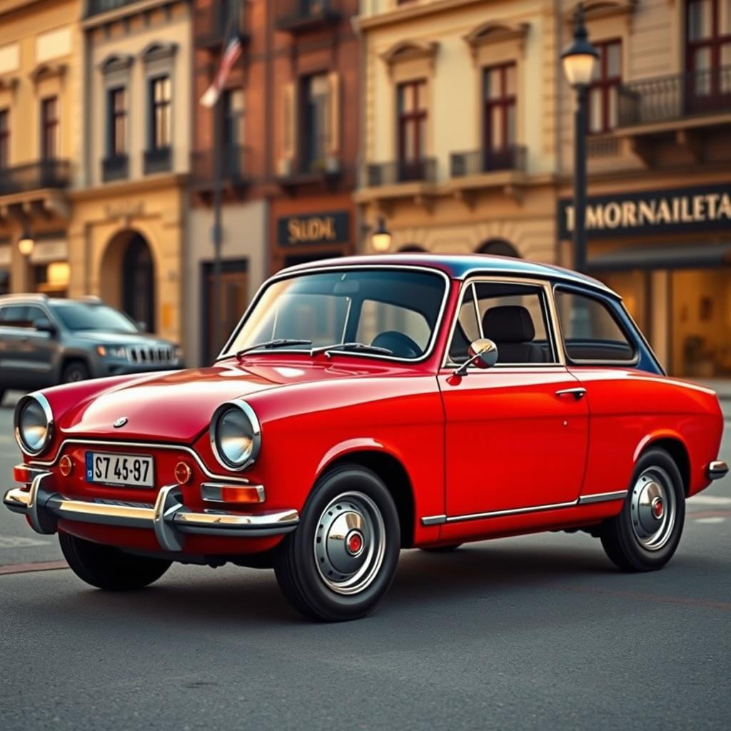 A classic Sudan vehicle featuring a unique combination of a Datsun and a Porsche, designed with a distinct boxy look