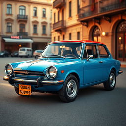 A classic Sudan vehicle featuring a unique combination of a Datsun and a Porsche, designed with a distinct boxy look