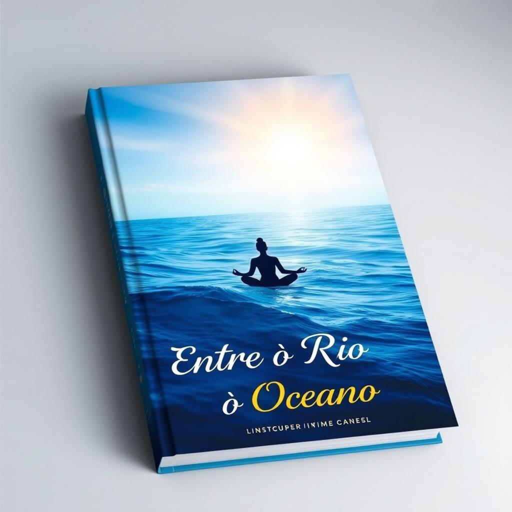 A book cover design for "Entre o Rio e o Oceano" featuring a stunning gradient background that transitions from deep ocean blue at the bottom to a serene and illuminated sky at the top, symbolizing the journey of self-discovery