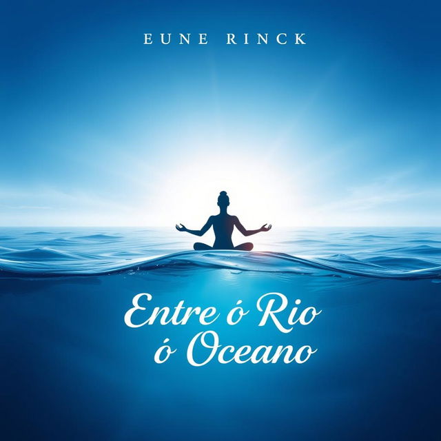 A book cover design for "Entre o Rio e o Oceano" featuring a stunning gradient background that transitions from deep ocean blue at the bottom to a serene and illuminated sky at the top, symbolizing the journey of self-discovery