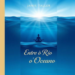 A book cover design for "Entre o Rio e o Oceano" featuring a stunning gradient background that transitions from deep ocean blue at the bottom to a serene and illuminated sky at the top, symbolizing the journey of self-discovery