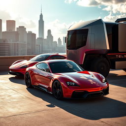 A classic Porsche Taycan parked next to a futuristic Tesla Cybertruck in an urban setting