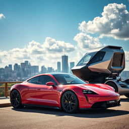 A classic Porsche Taycan parked next to a futuristic Tesla Cybertruck in an urban setting