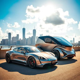 A classic Porsche Taycan parked next to a futuristic Tesla Cybertruck in an urban setting