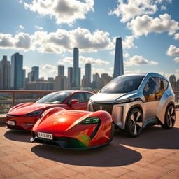 A classic Porsche Taycan parked next to a futuristic Tesla Cybertruck in an urban setting