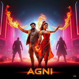 A cinematic sci-fi action superhero film poster titled 'AGNI' showcasing a modern Indian man and woman standing confidently against a vibrant, neon-lit futuristic cityscape