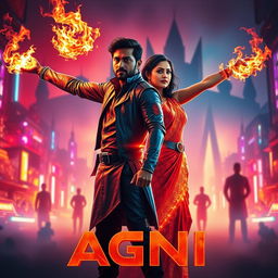 A cinematic sci-fi action superhero film poster titled 'AGNI' showcasing a modern Indian man and woman standing confidently against a vibrant, neon-lit futuristic cityscape