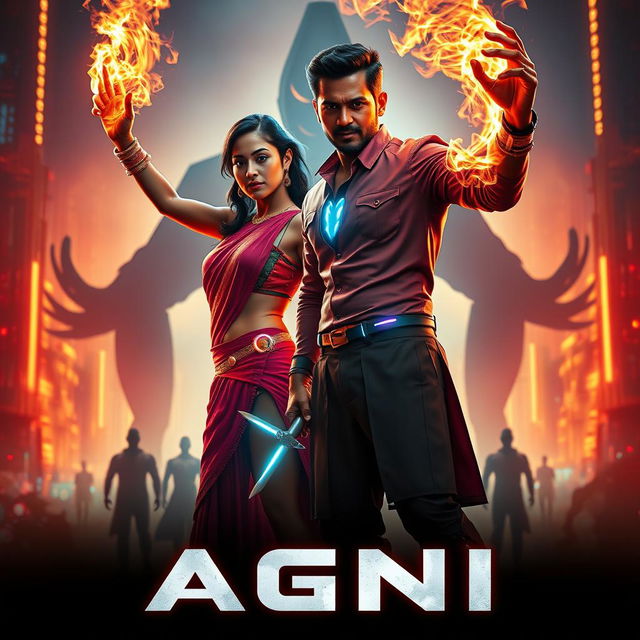 A cinematic sci-fi action superhero film poster titled 'AGNI' showcasing a modern Indian man and woman standing confidently against a vibrant, neon-lit futuristic cityscape