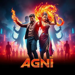 A cinematic sci-fi action superhero film poster titled 'AGNI' showcasing a modern Indian man and woman standing confidently against a vibrant, neon-lit futuristic cityscape