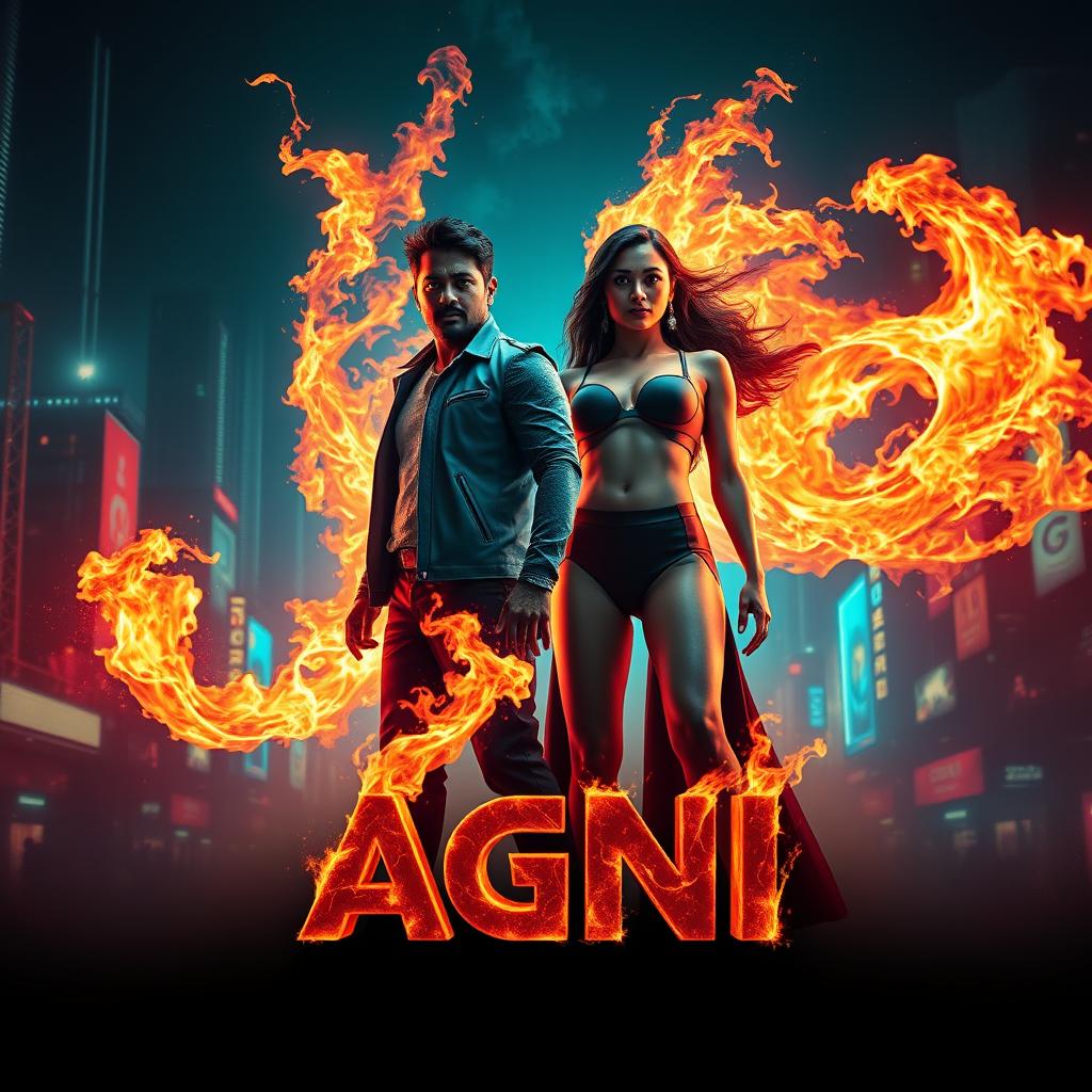 A cinematic sci-fi action superhero film poster titled 'AGNI' featuring a modern Indian man and woman fully engulfed in vibrant, controlled flames, showcasing their extraordinary fire-based powers