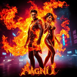 A cinematic sci-fi action superhero film poster titled 'AGNI' featuring a modern Indian man and woman fully engulfed in vibrant, controlled flames, showcasing their extraordinary fire-based powers