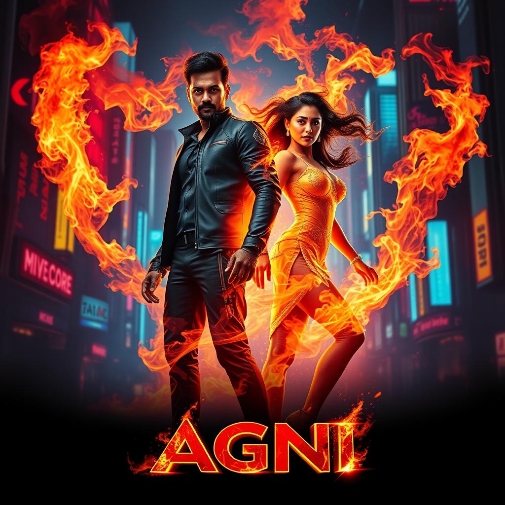 A cinematic sci-fi action superhero film poster titled 'AGNI' featuring a modern Indian man and woman fully engulfed in vibrant, controlled flames, showcasing their extraordinary fire-based powers