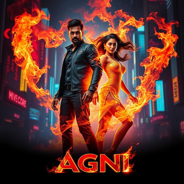 A cinematic sci-fi action superhero film poster titled 'AGNI' featuring a modern Indian man and woman fully engulfed in vibrant, controlled flames, showcasing their extraordinary fire-based powers