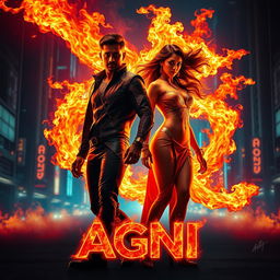 A cinematic sci-fi action superhero film poster titled 'AGNI' featuring a modern Indian man and woman fully engulfed in vibrant, controlled flames, showcasing their extraordinary fire-based powers