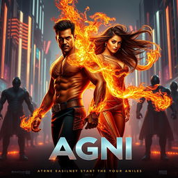 A cinematic sci-fi action superhero film poster titled 'AGNI', featuring a modern Indian man and woman, both displaying extraordinary fire-based powers with full body burning flames