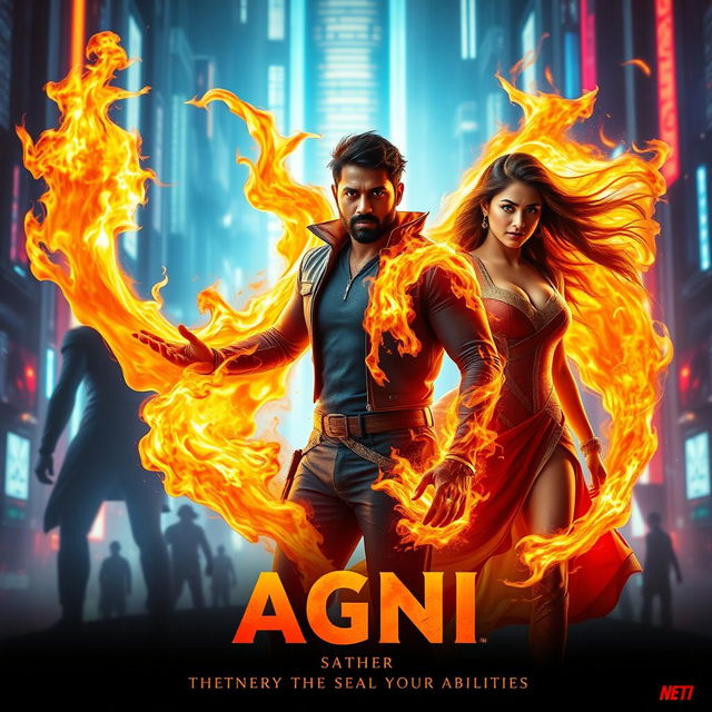 A cinematic sci-fi action superhero film poster titled 'AGNI', featuring a modern Indian man and woman, both displaying extraordinary fire-based powers with full body burning flames