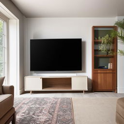 A 12x20 feet living room featuring a stylish TV unit on the shorter wall. The room exhibits contemporary furniture, a plush rug, sidelights, and a balanced blend of comfort and modern aesthetics.