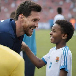 Lionel Messi, the famous footballer, in a friendly interaction with a young African boy, both smiling warmly.