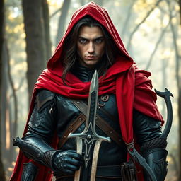 A fierce warrior standing bravely, with striking blue-gray eyes and dark brown hair flowing beneath a striking red cape and hood