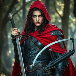 A fierce warrior standing bravely, with striking blue-gray eyes and dark brown hair flowing beneath a striking red cape and hood