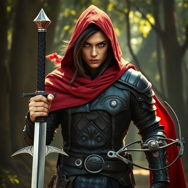 A fierce warrior standing bravely, with striking blue-gray eyes and dark brown hair flowing beneath a striking red cape and hood