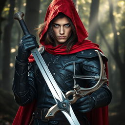 A fierce warrior standing bravely, with striking blue-gray eyes and dark brown hair flowing beneath a striking red cape and hood