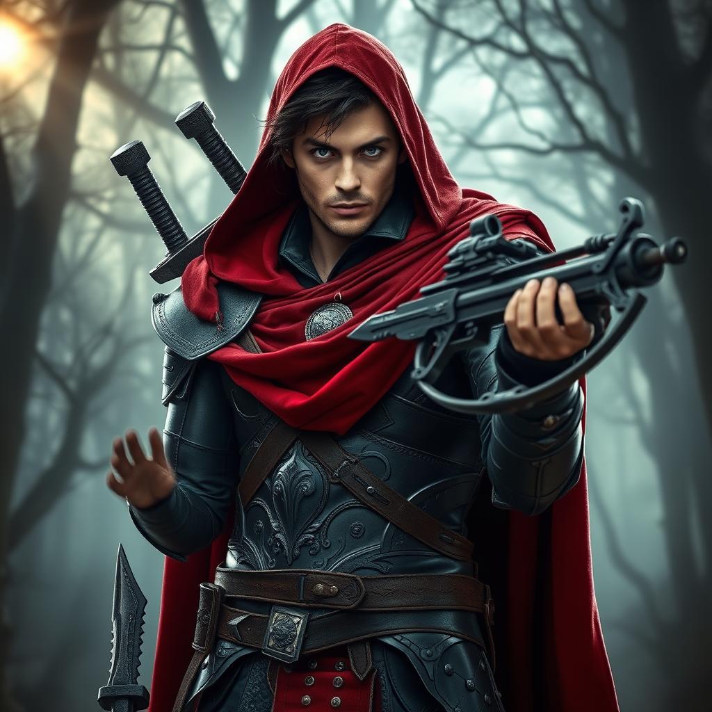 A male warrior standing valiantly, featuring striking blue-gray eyes and dark brown hair that peeks from beneath an imposing red cape and hood