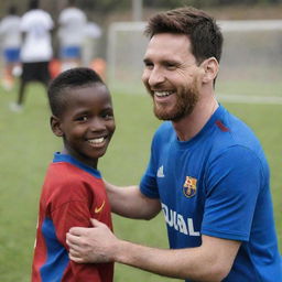 Lionel Messi, the famous footballer, in a friendly interaction with a young African boy, both smiling warmly.