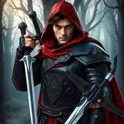 A male warrior standing valiantly, featuring striking blue-gray eyes and dark brown hair that peeks from beneath an imposing red cape and hood