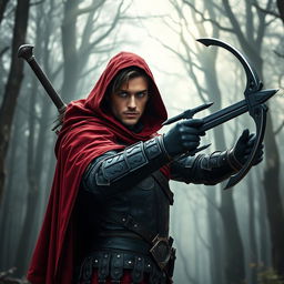 A male warrior standing valiantly, featuring striking blue-gray eyes and dark brown hair that peeks from beneath an imposing red cape and hood