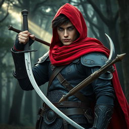 A male warrior standing valiantly, featuring striking blue-gray eyes and dark brown hair that peeks from beneath an imposing red cape and hood