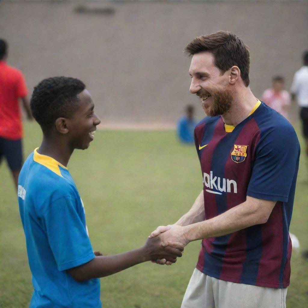 Lionel Messi, the famous footballer, in a friendly interaction with a young African boy, both smiling warmly.