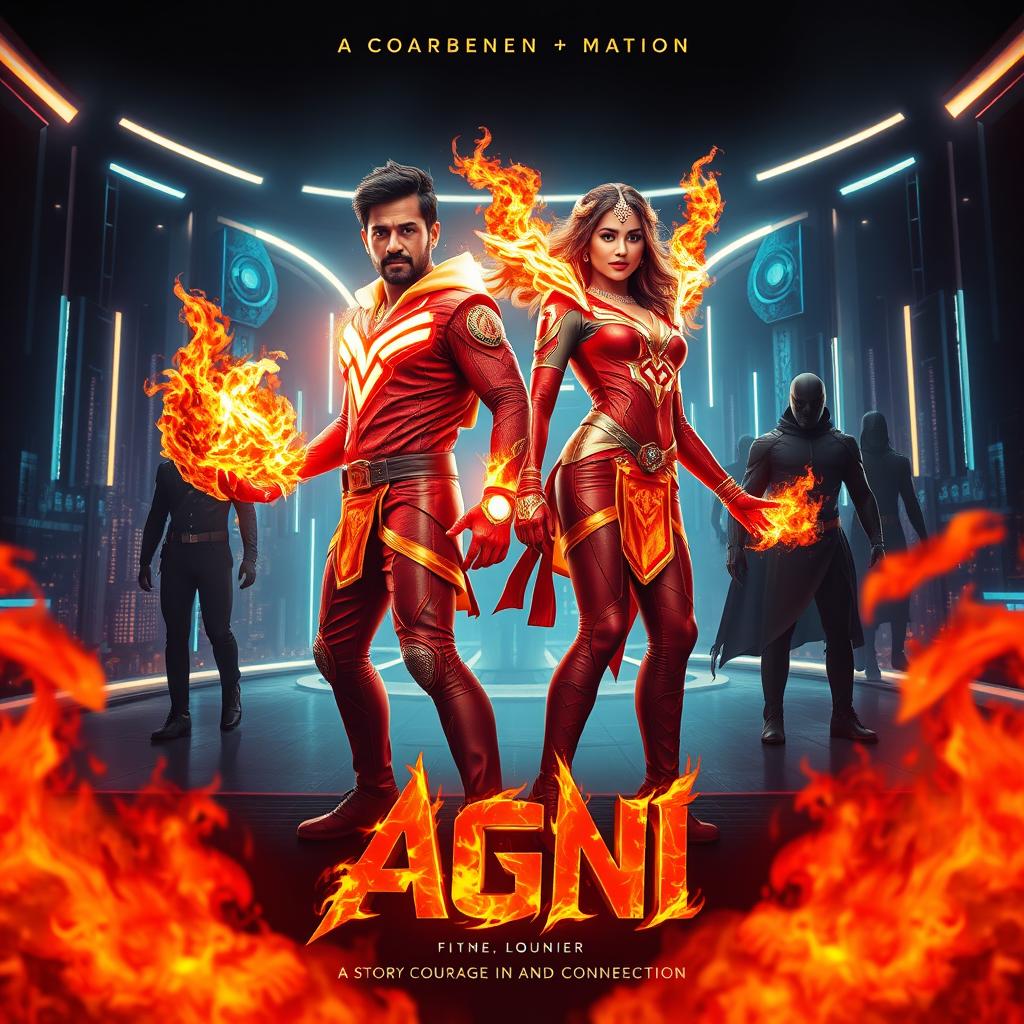 A cinematic sci-fi action superhero film poster named 'AGNI', set in a sleek, neon-lit future