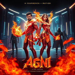 A cinematic sci-fi action superhero film poster named 'AGNI', set in a sleek, neon-lit future