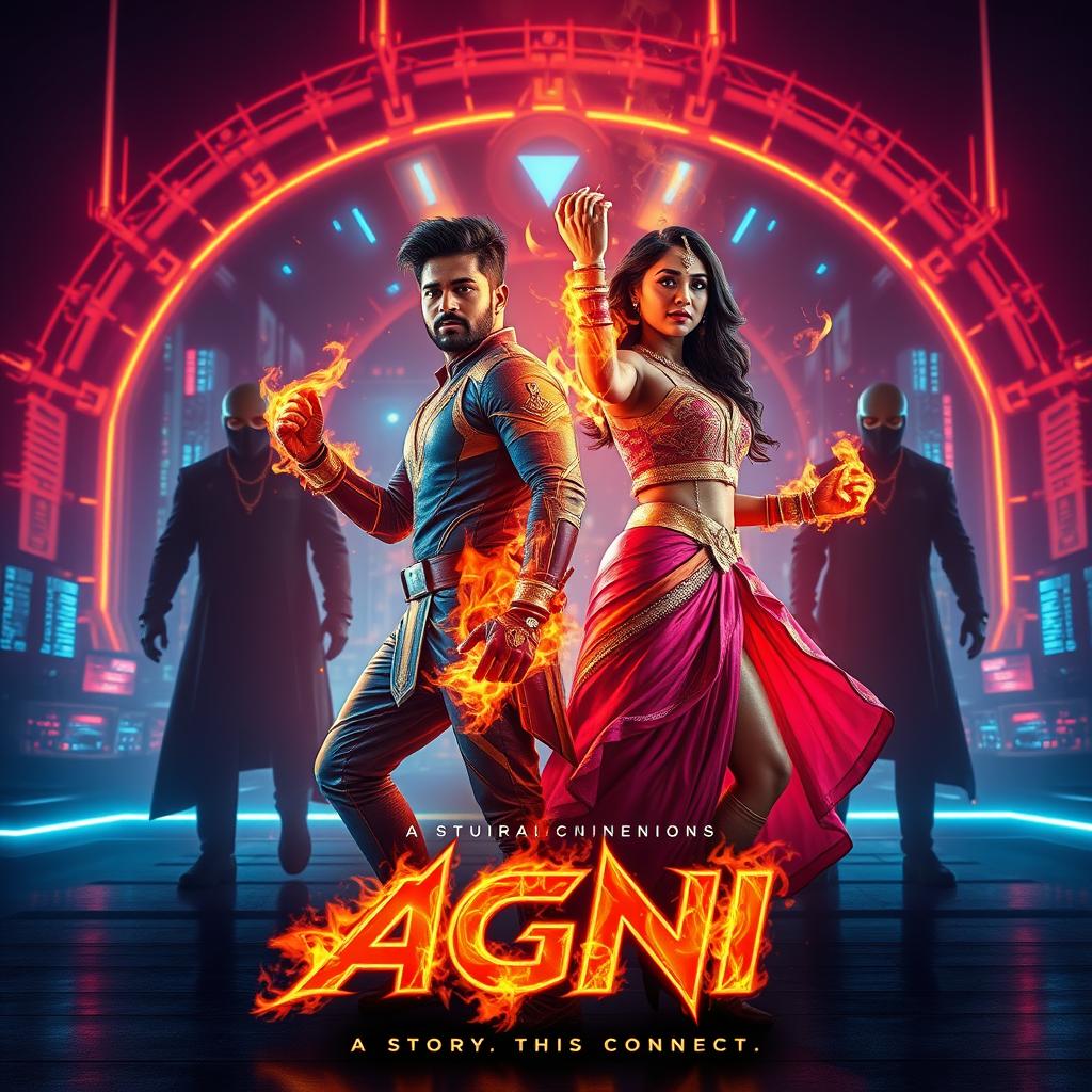 A cinematic sci-fi action superhero film poster named 'AGNI', set in a sleek, neon-lit future