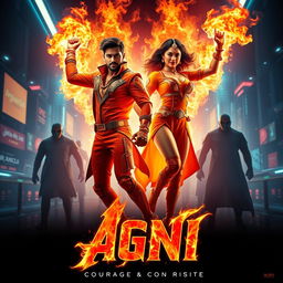 A cinematic sci-fi action superhero film poster named 'AGNI', set in a sleek, neon-lit future