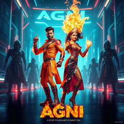 A cinematic sci-fi action superhero film poster named 'AGNI', set in a sleek, neon-lit future