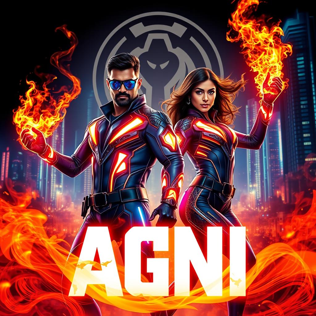 A cinematic sci-fi action superhero film poster titled 'AGNI'