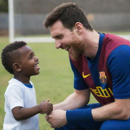 Lionel Messi, the famous footballer, in a friendly interaction with a young African boy, both smiling warmly.