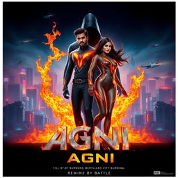 A cinematic sci-fi action superhero film poster for a movie titled 'AGNI'