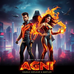 A cinematic sci-fi action superhero film poster for a movie titled 'AGNI'