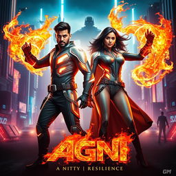 A cinematic sci-fi action superhero film poster for 'AGNI'