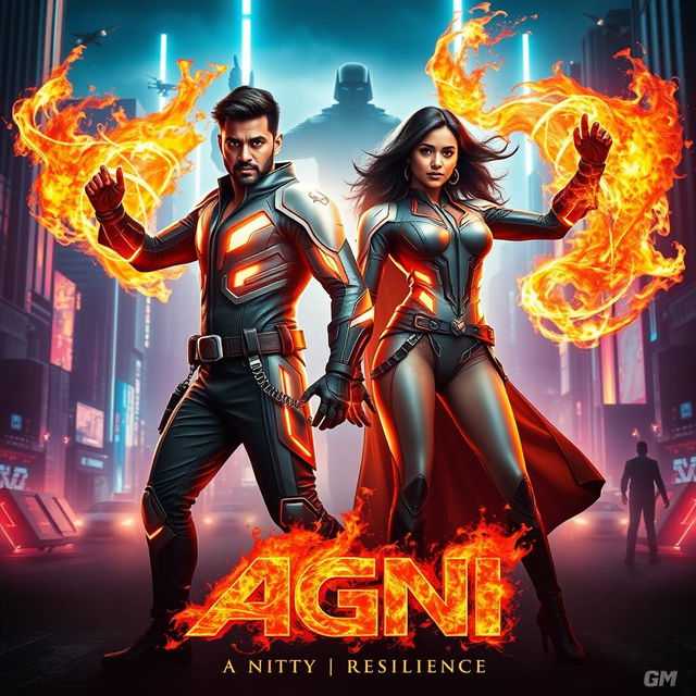 A cinematic sci-fi action superhero film poster for 'AGNI'