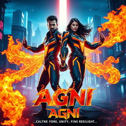 A cinematic sci-fi action superhero film poster for 'AGNI'