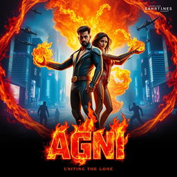 A cinematic sci-fi action superhero film poster for 'AGNI'