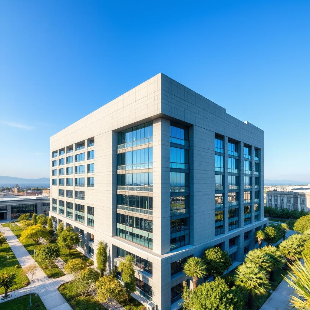 Aerial view of a building with a grayish-blue exterior