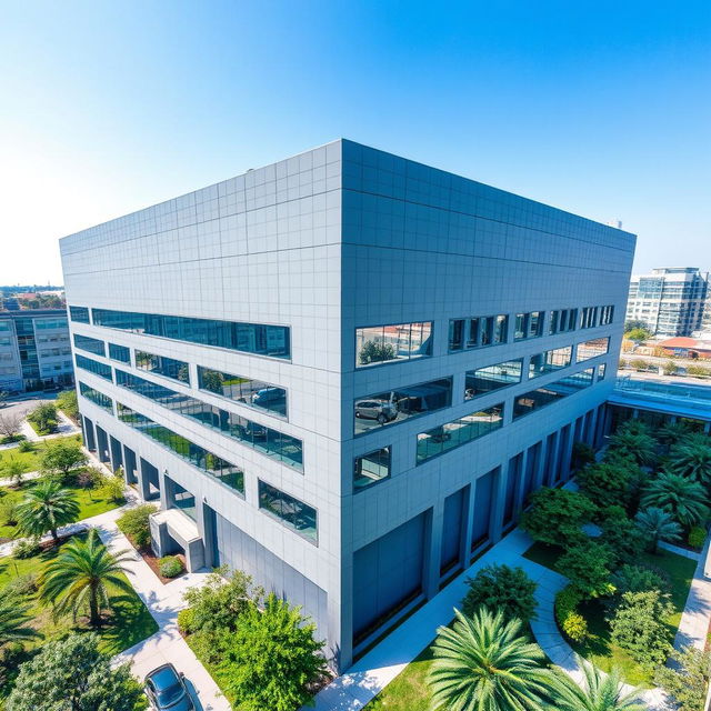 Aerial view of a building with a grayish-blue exterior