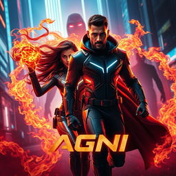 A cinematic science fiction action superhero film poster titled 'AGNI', featuring a modern Indian man and woman in futuristic full-body superhero costumes that showcase their extraordinary fire-based powers